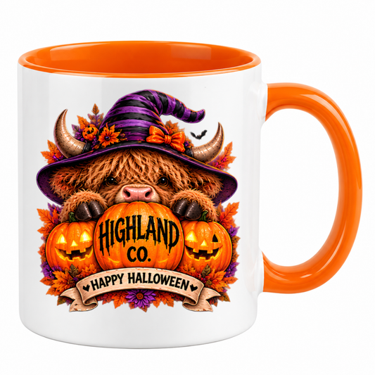 Halloween Mug "Highland Cow Witch Happy Halloween" Highland Cow Witch Happy Halloween 325ml Ceramic Coffee Mug–Cute Halloween Autumn Tea Cup With Highland Cow Striped Witch Hat Graphic Gift | Available in Multicolours | Fast Dispatch by UK Seller (M3214)