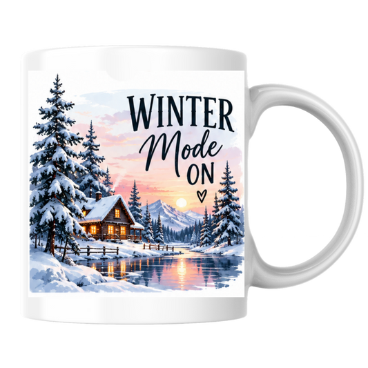 Winter Cabin Mug "Winter Mode On" Winter Mode On 325ml Ceramic Coffee Mug – Cozy Snowy Log Cabin with Winter Landscape, Sunset & River | Festive Holiday Gift | Fast Dispatch by UK Seller (M3402)