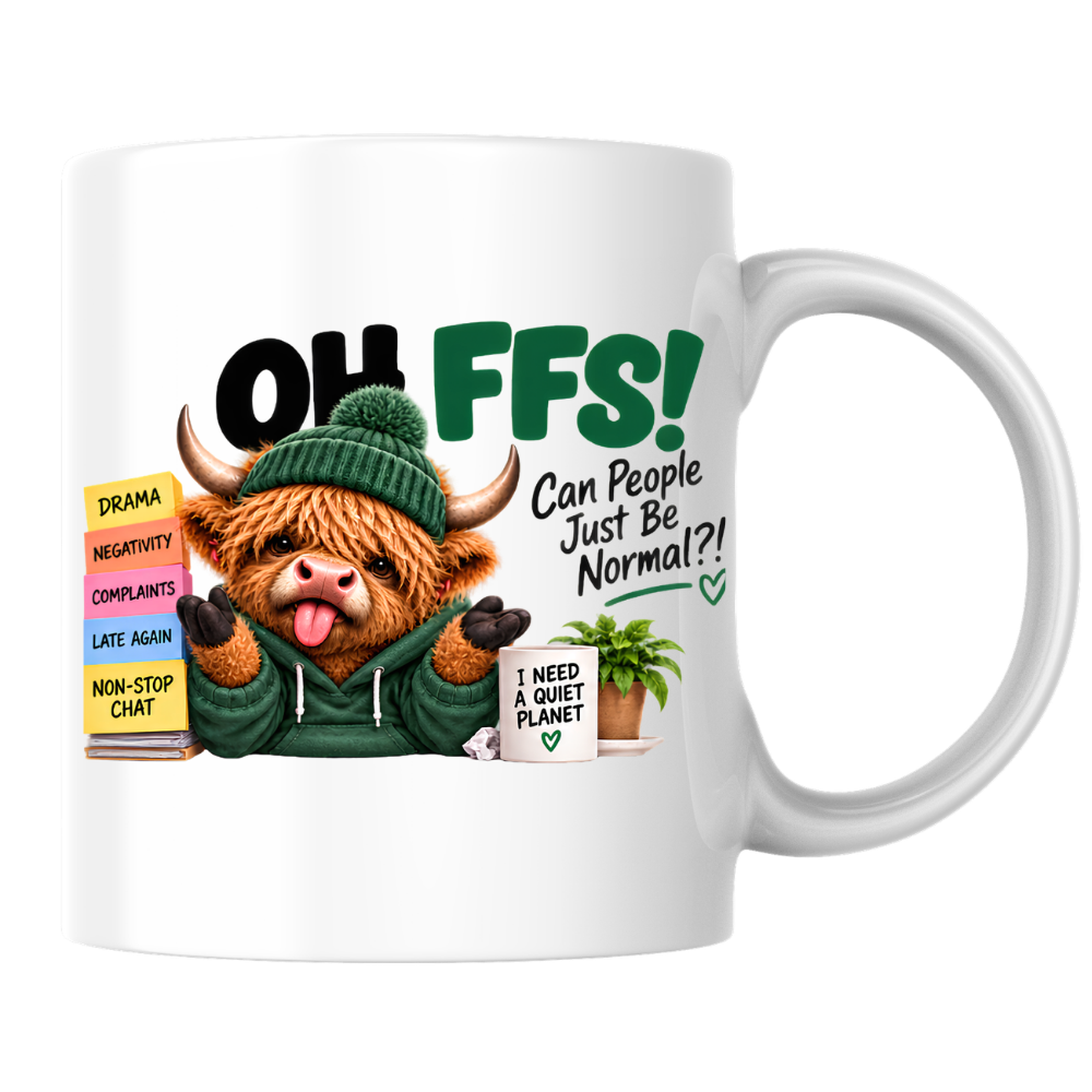 Highland Cow Normal Planet Mug "OH FFS! Can People Just Be Normal?!" Oh Ffs! Can People Just Be Normal?! 325ml Ceramic Mug–Cute Highland Cow in Hoodie & Beanie with Sticky Notes & "Quiet Planet" Mug | Funny Office Gift | Fast Dispatch by UK Seller (M3384)
