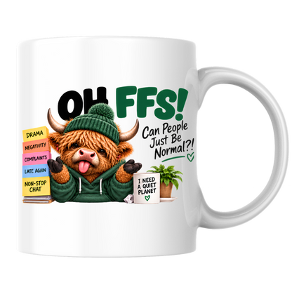 Highland Cow Normal Planet Mug "OH FFS! Can People Just Be Normal?!" Oh Ffs! Can People Just Be Normal?! 325ml Ceramic Mug–Cute Highland Cow in Hoodie & Beanie with Sticky Notes & "Quiet Planet" Mug | Funny Office Gift | Fast Dispatch by UK Seller (M3384)