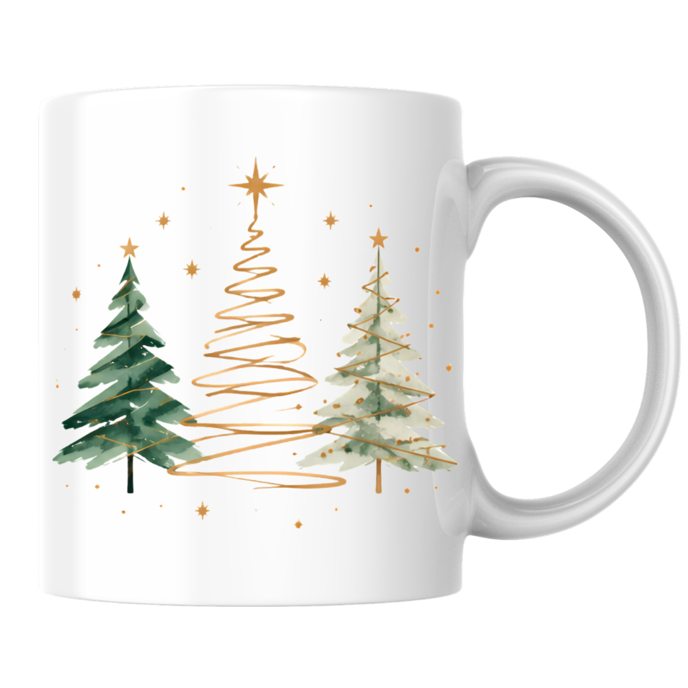 Watercolor Christmas Trees Mug "Minimalist Golden & Green Christmas Trees" Minimalist Golden & Green Christmas Trees 325ml Ceramic Coffee Mug–Watercolor Pine Trees with Gold Swirls & Star Toppers | Festive Holiday Gift | Fast Dispatch by UK Seller (M3413)