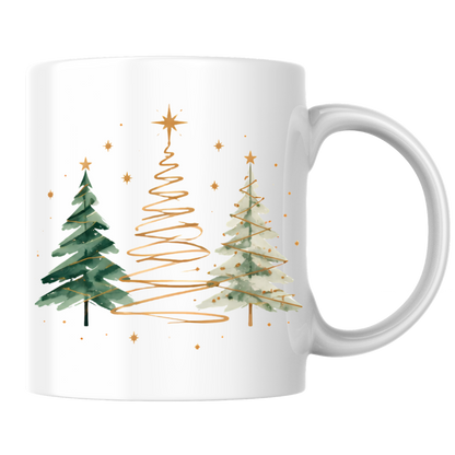 Watercolor Christmas Trees Mug "Minimalist Golden & Green Christmas Trees" Minimalist Golden & Green Christmas Trees 325ml Ceramic Coffee Mug–Watercolor Pine Trees with Gold Swirls & Star Toppers | Festive Holiday Gift | Fast Dispatch by UK Seller (M3413)