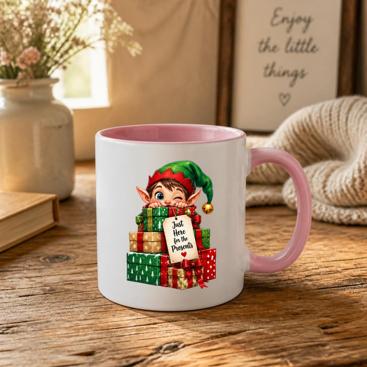 Playful Mug "Just Here for the Presents" Christmas Elf 325ml Ceramic Coffee Mug Cute Holiday Tea Cup with Jingle Bell Hat & Gift Box Tag Gift | Available in Multicolours | Fast Dispatch by UK Seller (M1244)