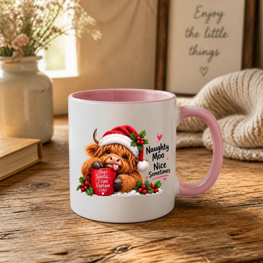 Festive Mug "Naughty Moo Nice Sometimes" Highland Cow 325ml Ceramic Coffee Mug Christmas Holiday Tea Cup with Santa Hat, Holly & Dear Santa Mug Gift | Available in Multicolours | Fast Dispatch by UK Seller (M1282)