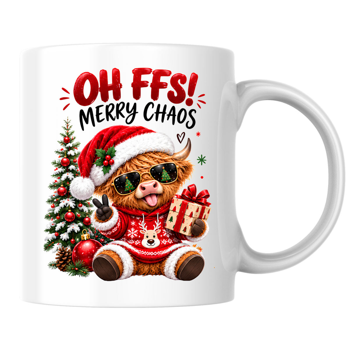 Christmas Highland Cow Mug "Oh FFS! Merry Chaos" Oh FFS! Merry Chaos 325ml Ceramic Coffee Mug – Cute Highland Cow with Santa Hat, Sunglasses, Christmas Sweater & Gift Box | Funny Holiday Gift | Fast Dispatch by UK Seller (M3366)