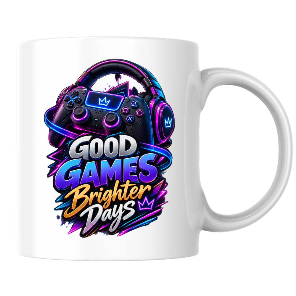 Gaming Mug "Good Games Brighter Days" Good Games Brighter Days 325ml Ceramic Coffee Mug – Neon Headset & Controller Mug with Blue, Purple & Gold Slogan Art | Video Game Gift | Fast Dispatch by UK Seller (M3350)