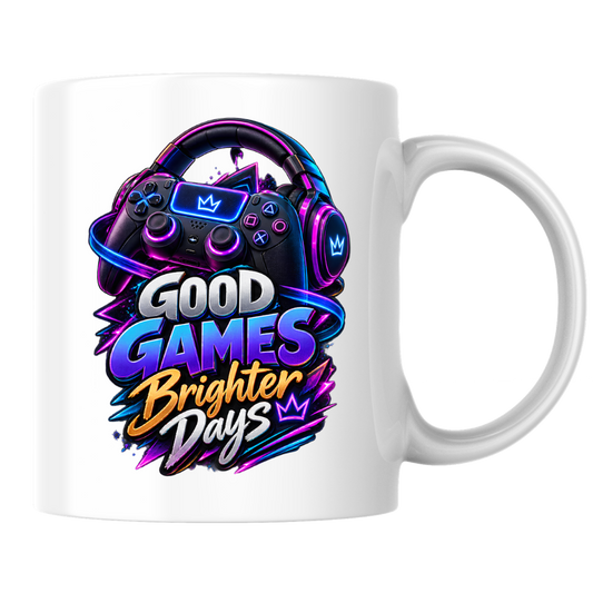 Gaming Mug "Good Games Brighter Days" Good Games Brighter Days 325ml Ceramic Coffee Mug – Neon Headset & Controller Mug with Blue, Purple & Gold Slogan Art | Video Game Gift | Fast Dispatch by UK Seller (M3350)