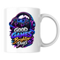 Gaming Mug "Good Games Brighter Days" Good Games Brighter Days 325ml Ceramic Coffee Mug – Neon Headset & Controller Mug with Blue, Purple & Gold Slogan Art | Video Game Gift | Fast Dispatch by UK Seller (M3350)