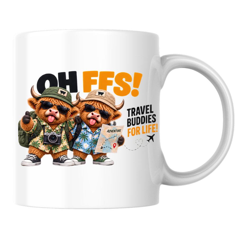 Travel Buddies Highland Cows Mug "Oh Ffs! Travel Buddies For Life!" Oh Ffs! Travel Buddies For Life! 325ml Ceramic Coffee Mug – Cute Highland Cows with Shirts, Backpacks, Camera & Adventure Map | Funny Travel Gift | Fast Dispatch by UK Seller (M3374)