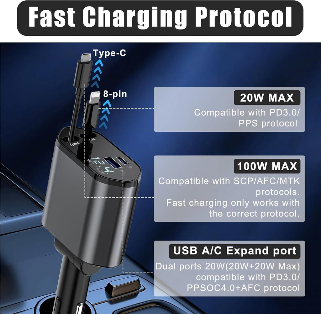 Retractable Car Charger, 4-in-1 Car Phone Charger 120W Fast Charge with 2 Retractable Cables and 2 USB Ports, Multi-Device Car Phone Charger Adapter for Cars, Trucks and Vans, Multifunctional