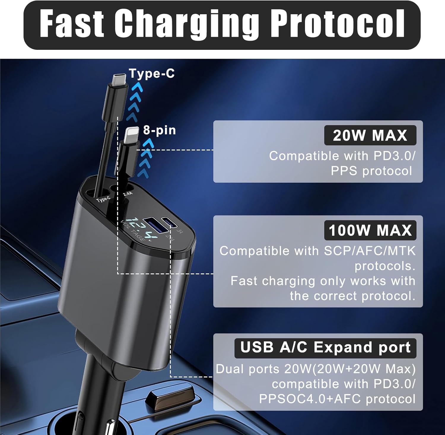 Retractable Car Charger, 4-in-1 Car Phone Charger 120W Fast Charge with 2 Retractable Cables and 2 USB Ports, Multi-Device Car Phone Charger Adapter for Cars, Trucks and Vans, Multifunctional