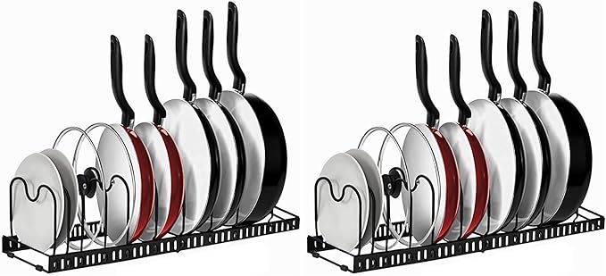 Expandable Pans Organiser Rack, Pan Lid Storage with 10 Adjustable Dividers, Pot Lid Holder, Kitchen Cupboard Organiser (Black) (Pack of 2)