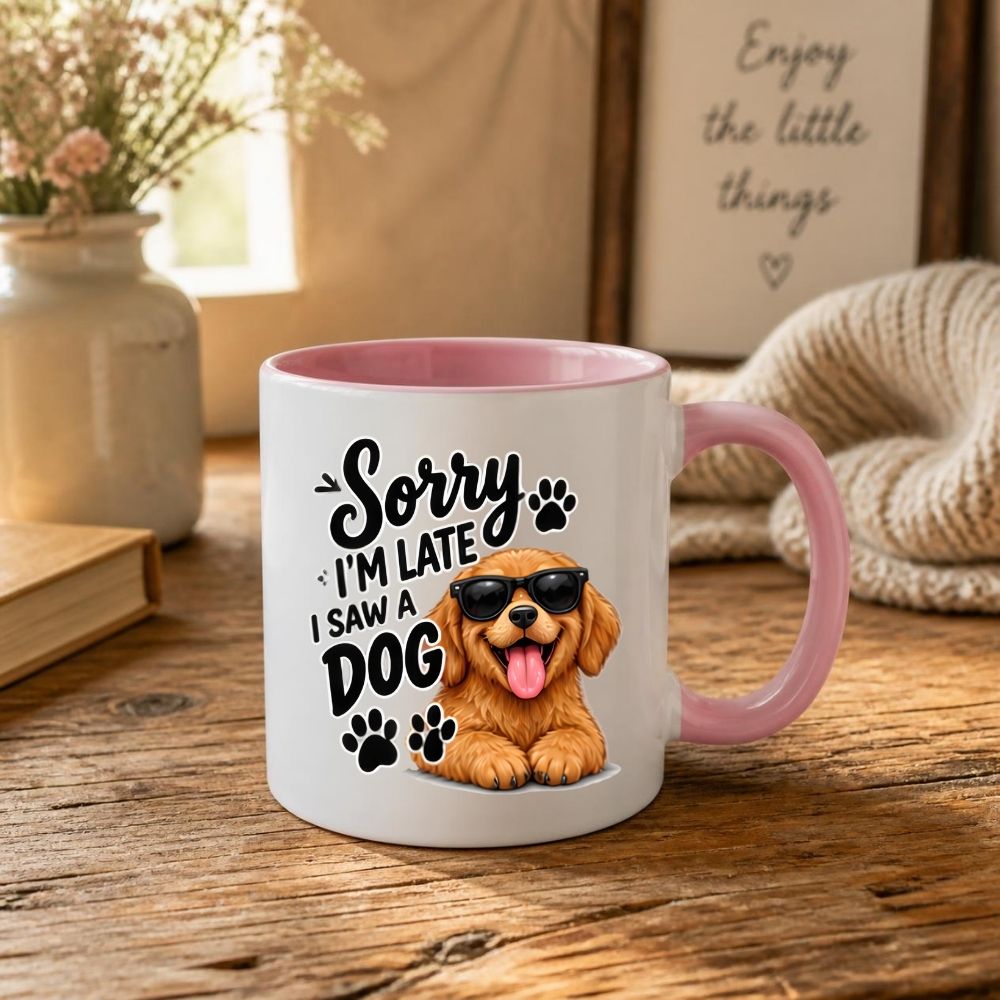 Humorous Mug "Sorry I'm Late I Saw A Dog" Cute Golden Retriever Puppy 325ml Ceramic Coffee Mug – Funny Dog Lover Tea Cup with Sunglasses & Paw Prints Graphic Gift | Available in Multicolours | Fast Dispatch by UK Seller (M1309)