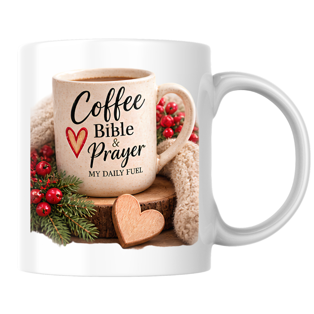 Christian Mug "Coffee Bible & Prayer My Daily Fuel" 325ml Ceramic Coffee Mug – Christian Devotional Mug With Wooden Heart Winter Pine Red Berries Inspirational Gift | Available in Multicolours | Fast Dispatch by UK Seller (M3304)