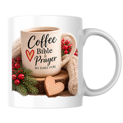 Christian Mug "Coffee Bible & Prayer My Daily Fuel" 325ml Ceramic Coffee Mug – Christian Devotional Mug With Wooden Heart Winter Pine Red Berries Inspirational Gift | Available in Multicolours | Fast Dispatch by UK Seller (M3304)