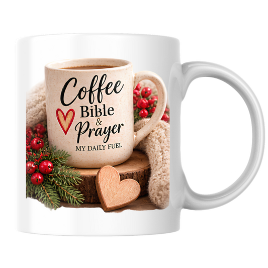 Christian Mug "Coffee Bible & Prayer My Daily Fuel" 325ml Ceramic Coffee Mug – Christian Devotional Mug With Wooden Heart Winter Pine Red Berries Inspirational Gift | Available in Multicolours | Fast Dispatch by UK Seller (M3304)