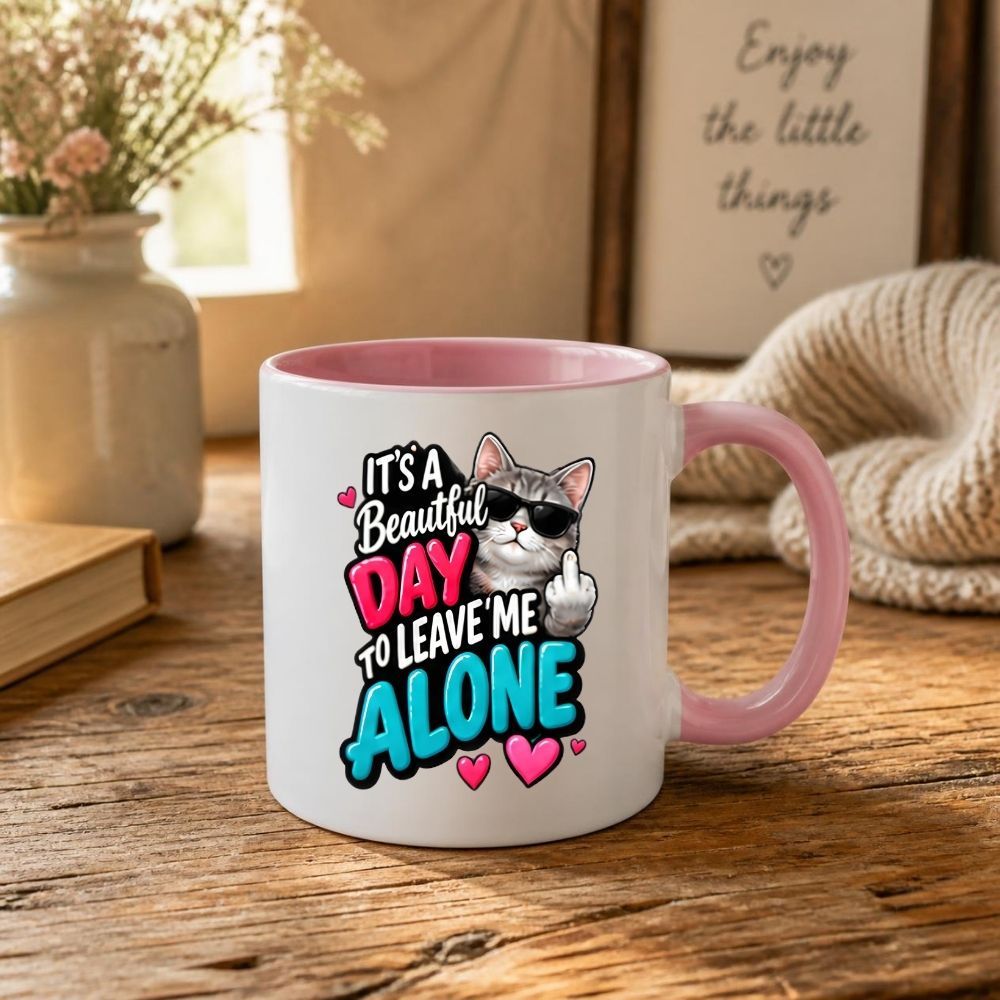 Sarcastic Mug "It's A Beautiful Day To Leave Me Alone" Funny Cat 325ml Ceramic Coffee Mug Sassy Kitten Tea Cup with Sunglasses & Middle Finger Gesture Gift | Available in Multicolours | Fast Dispatch by UK Seller (M1302)