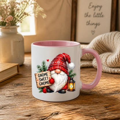 Festive Mug "Gnome Sweet Gnome" Christmas Gnome 325ml Ceramic Coffee Mug Winter Holiday Tea Cup with Lantern, Sign & Red Snowflake Hat | Available in Multicolours | Fast Dispatch by UK Seller (M1275)