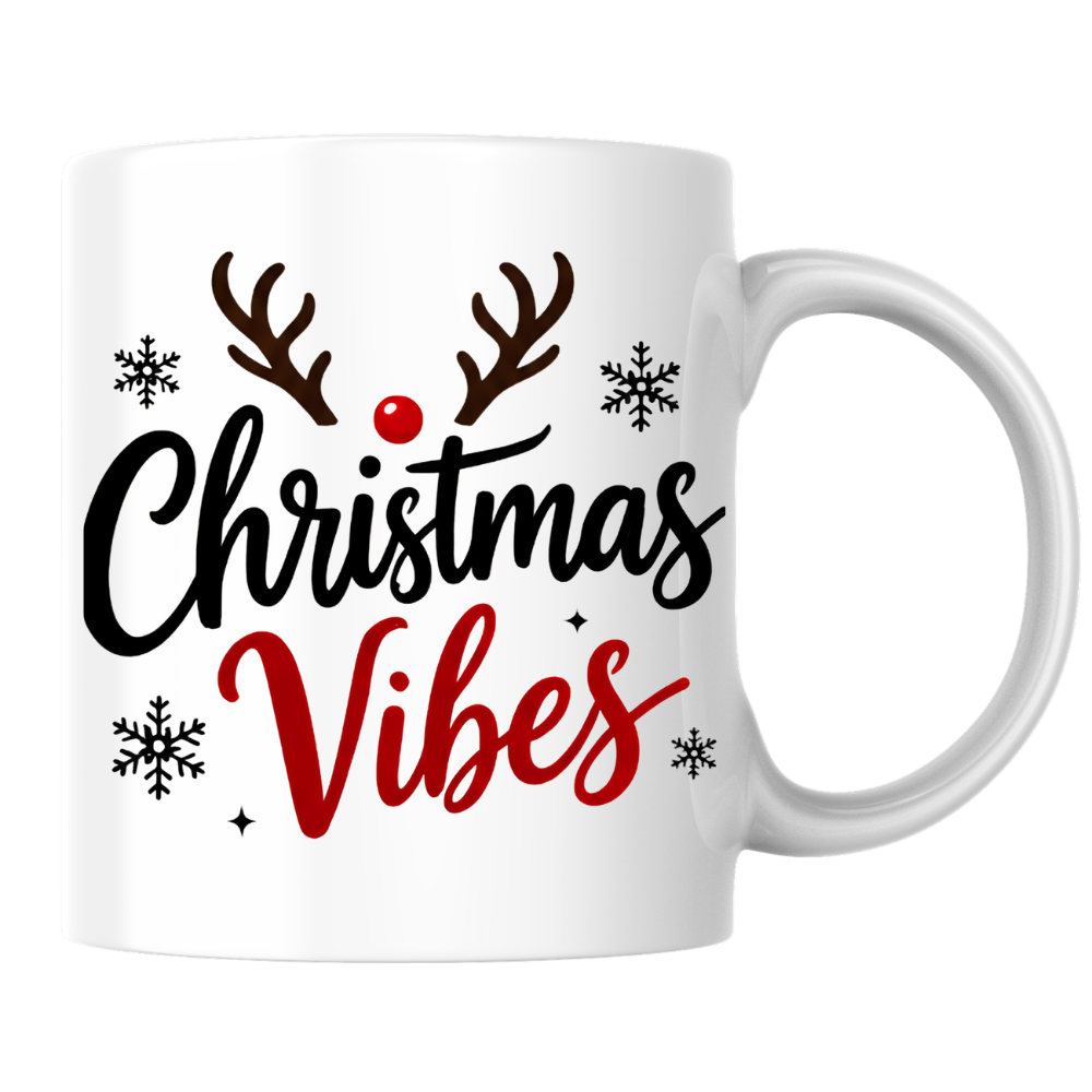 Christmas Reindeer Mug "Christmas Vibes" Christmas Vibes 325ml Ceramic Coffee Mug – Festive Typography Slogan with Brown Reindeer Antlers, Red Nose & Black Snowflakes | Winter Holiday Gift | Fast Dispatch by UK Seller (M3435)