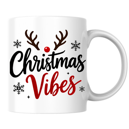 Christmas Reindeer Mug "Christmas Vibes" Christmas Vibes 325ml Ceramic Coffee Mug – Festive Typography Slogan with Brown Reindeer Antlers, Red Nose & Black Snowflakes | Winter Holiday Gift | Fast Dispatch by UK Seller (M3435)