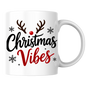 Christmas Reindeer Mug "Christmas Vibes" Christmas Vibes 325ml Ceramic Coffee Mug – Festive Typography Slogan with Brown Reindeer Antlers, Red Nose & Black Snowflakes | Winter Holiday Gift | Fast Dispatch by UK Seller (M3435)