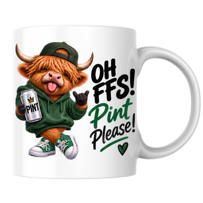 Highland Cow Pint Lover Mug "Oh FFS! Pint Please!" Oh FFS! Pint Please! 325ml Ceramic Coffee Mug – Cute Highland Cow in Green Hoodie & Cap Holding Pint Can with Rock On Sign | Funny Gift | Fast Dispatch by UK Seller (M3392)