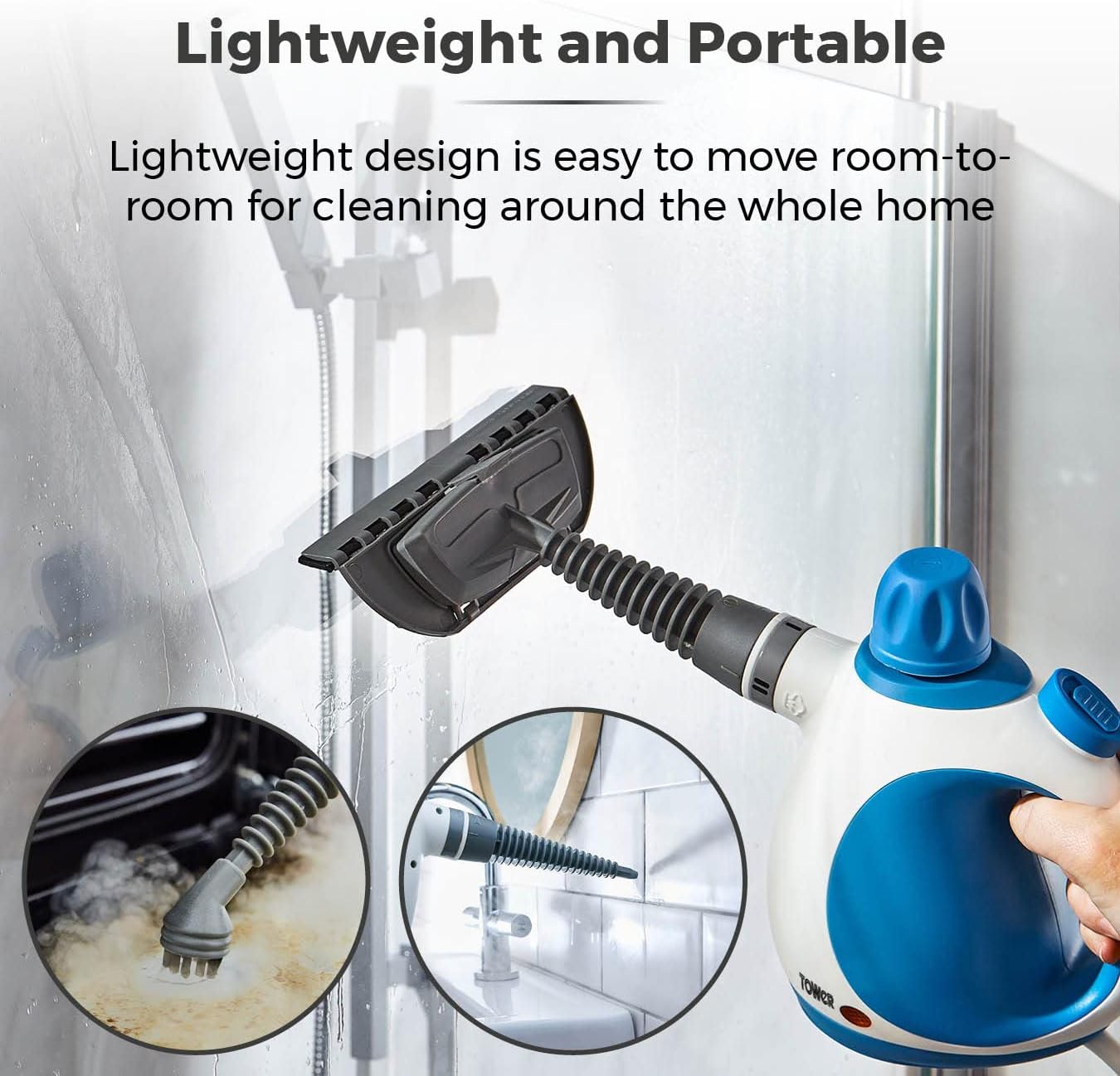 Tower THS10 Handheld Steam Cleaner, Includes Crevice Tool, Flexible Hose, 1050 W, Brush Tool, Microfiber Cloth, Blue, 250 ml Capacity