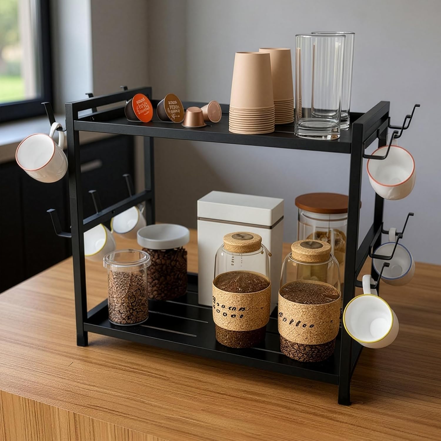 2 Tier Coffee Cup Holder Black 12 Hooks Coffee Bar Organiser Multi-functional Mug Holder Display Kitchen Stand Rack for Home Kitchen