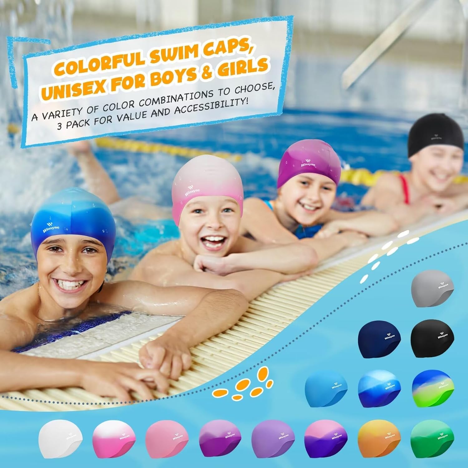 3-Pack Kids Swim Caps for Boys and Girls, Unisex Silicone Swimming Caps for Children Ages 3–15, Waterproof Swim Caps for Short or Long Hair to Help Keep Hair Dry