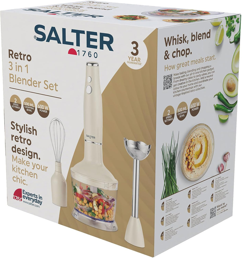 Salter Retro 3-in-1 Blender Set – 600W Powerful Motor, 2 Speed Settings, Stainless Steel Whisk & Blades, 500ml Food Chopper Bowl, Multifunctional Hand Blender for Whisking, Blending & Chopping, Cream