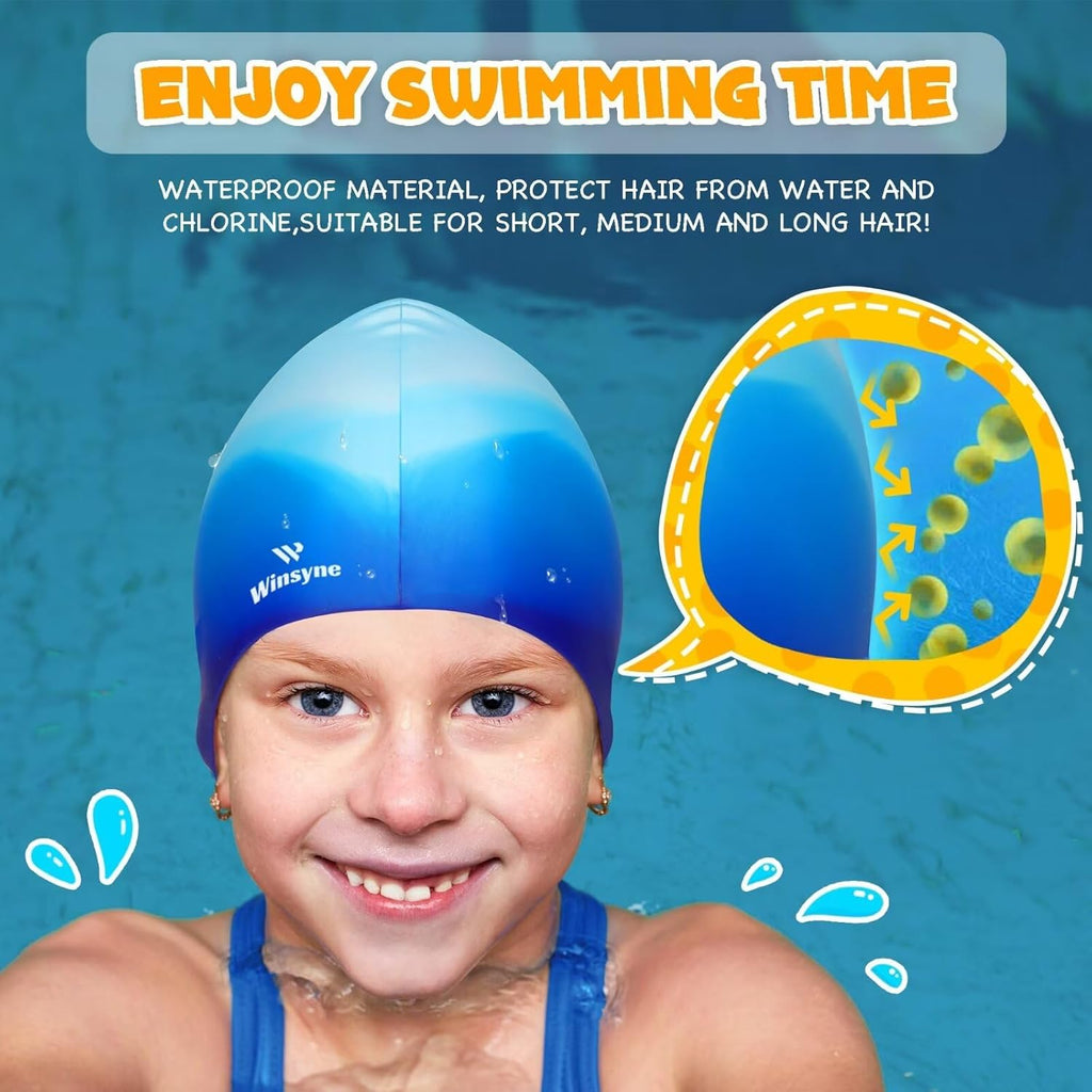 3-Pack Kids Swim Caps for Boys and Girls, Unisex Silicone Swimming Caps for Children Ages 3–15, Waterproof Swim Caps for Short or Long Hair to Help Keep Hair Dry