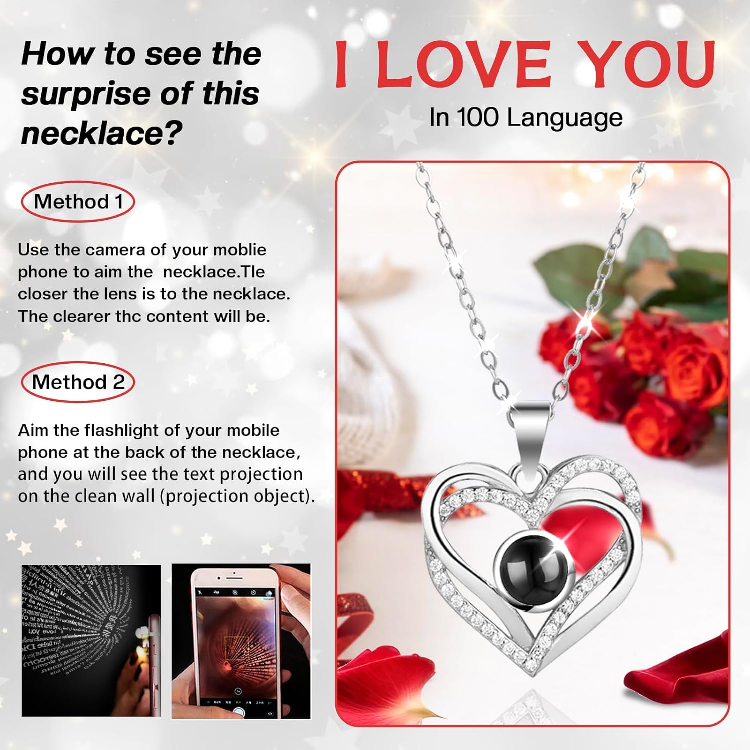Preserved Red Real Rose with I Love You Necklace in 100 Languages-Eternal Flowers Rose Gifts for Women Mum Wife Girlfriend on Christmas Valentines Day Mothers Day Anniversary Birthday