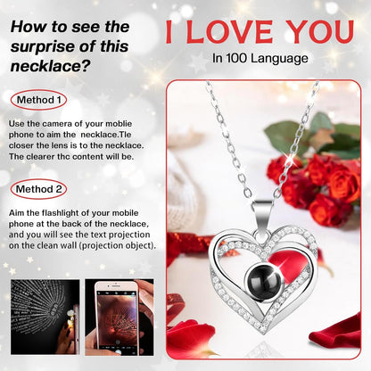 Preserved Red Real Rose with I Love You Necklace in 100 Languages-Eternal Flowers Rose Gifts for Women Mum Wife Girlfriend on Christmas Valentines Day Mothers Day Anniversary Birthday