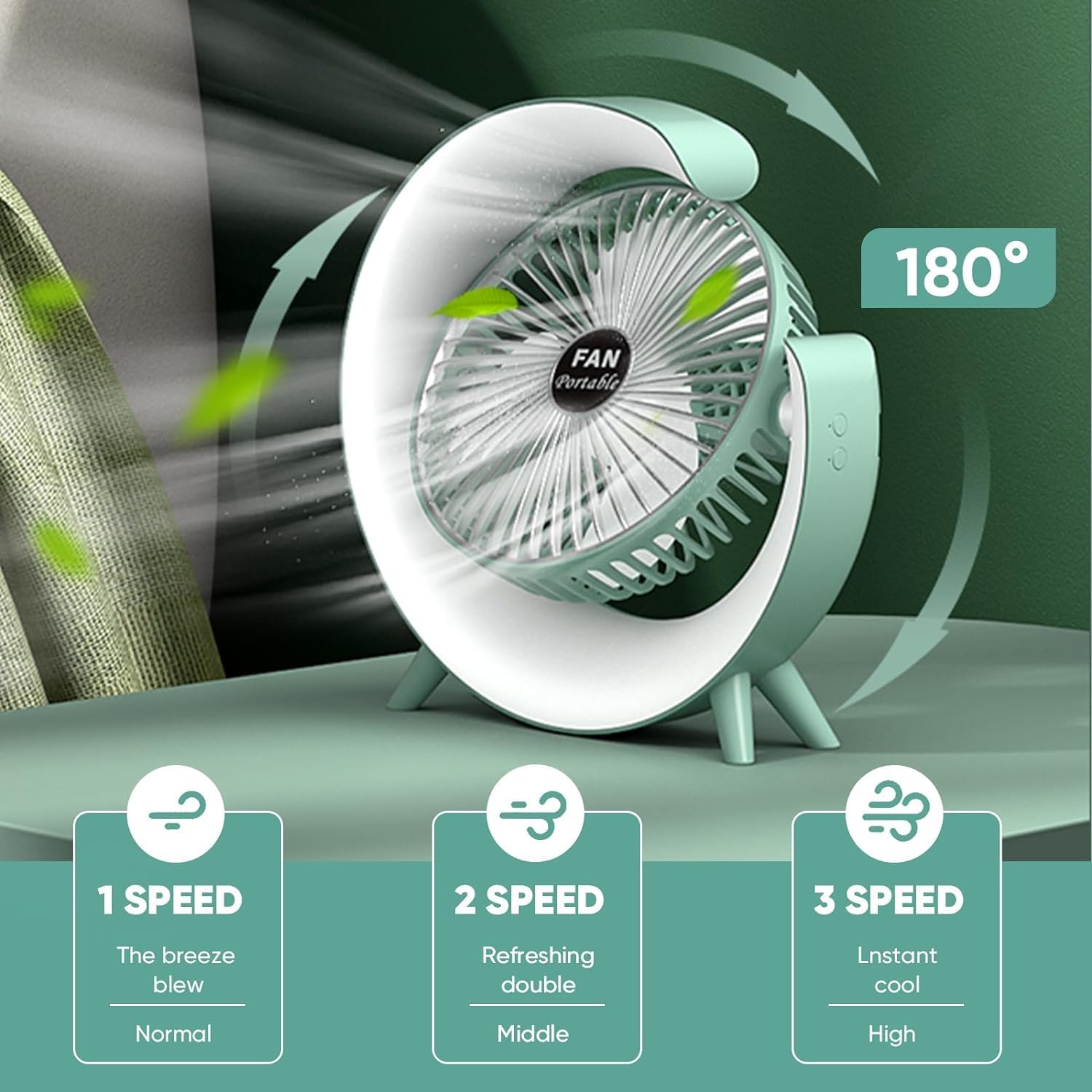 Desk Fan with LED Light, 3 Speeds 180°USB Rechargeable Portable Cooling Fan for Outdoor Camping in Bedroom Home Office