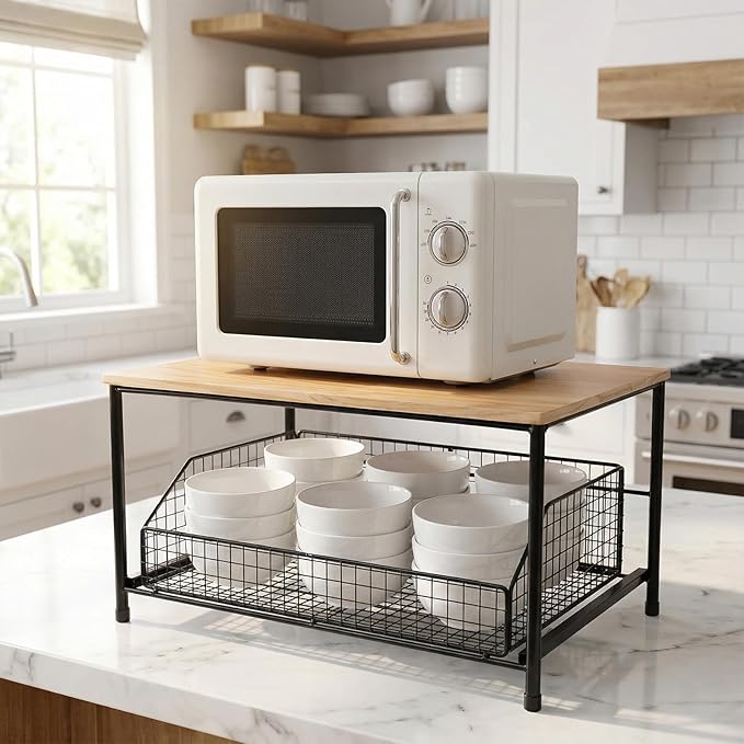 Microwave Stand Countertop with Metal - Kitchen Storage Shelf for Microwave Air Fryer Rice Cooker