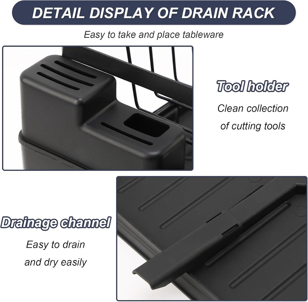 2 Tier Dish Drying Rack,Utensil Holder Kitchen Dish Organizer Shelf With Chopsticks And Chopping Board Holder,Over Sink Kitchen Counter Organizer For Plates Bowls And Cups Black