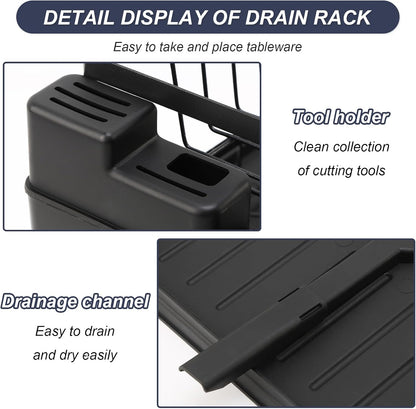 2 Tier Dish Drying Rack,Utensil Holder Kitchen Dish Organizer Shelf With Chopsticks And Chopping Board Holder,Over Sink Kitchen Counter Organizer For Plates Bowls And Cups Black