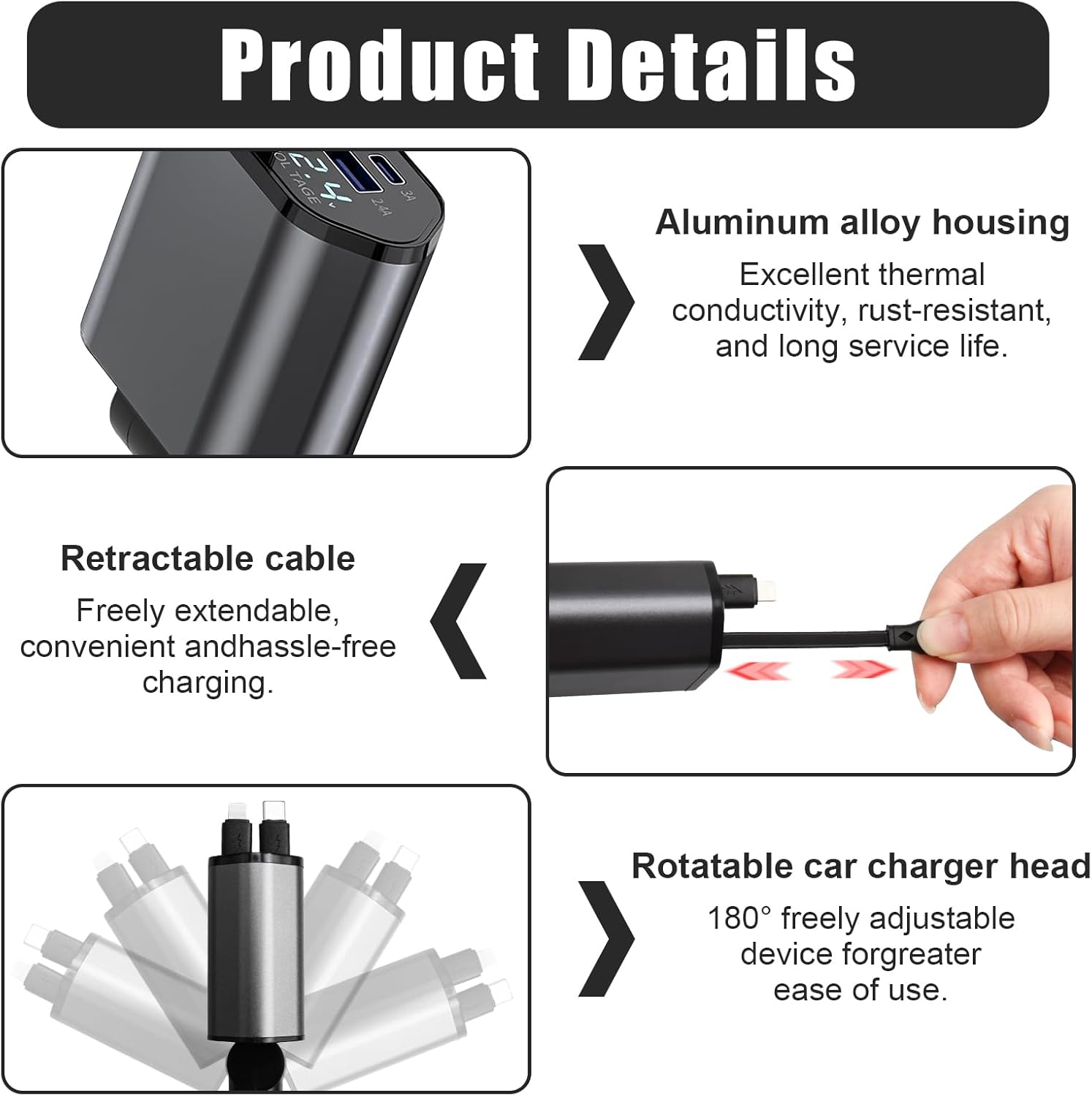 Retractable Car Charger, 4-in-1 Car Phone Charger 120W Fast Charge with 2 Retractable Cables and 2 USB Ports, Multi-Device Car Phone Charger Adapter for Cars, Trucks and Vans, Multifunctional