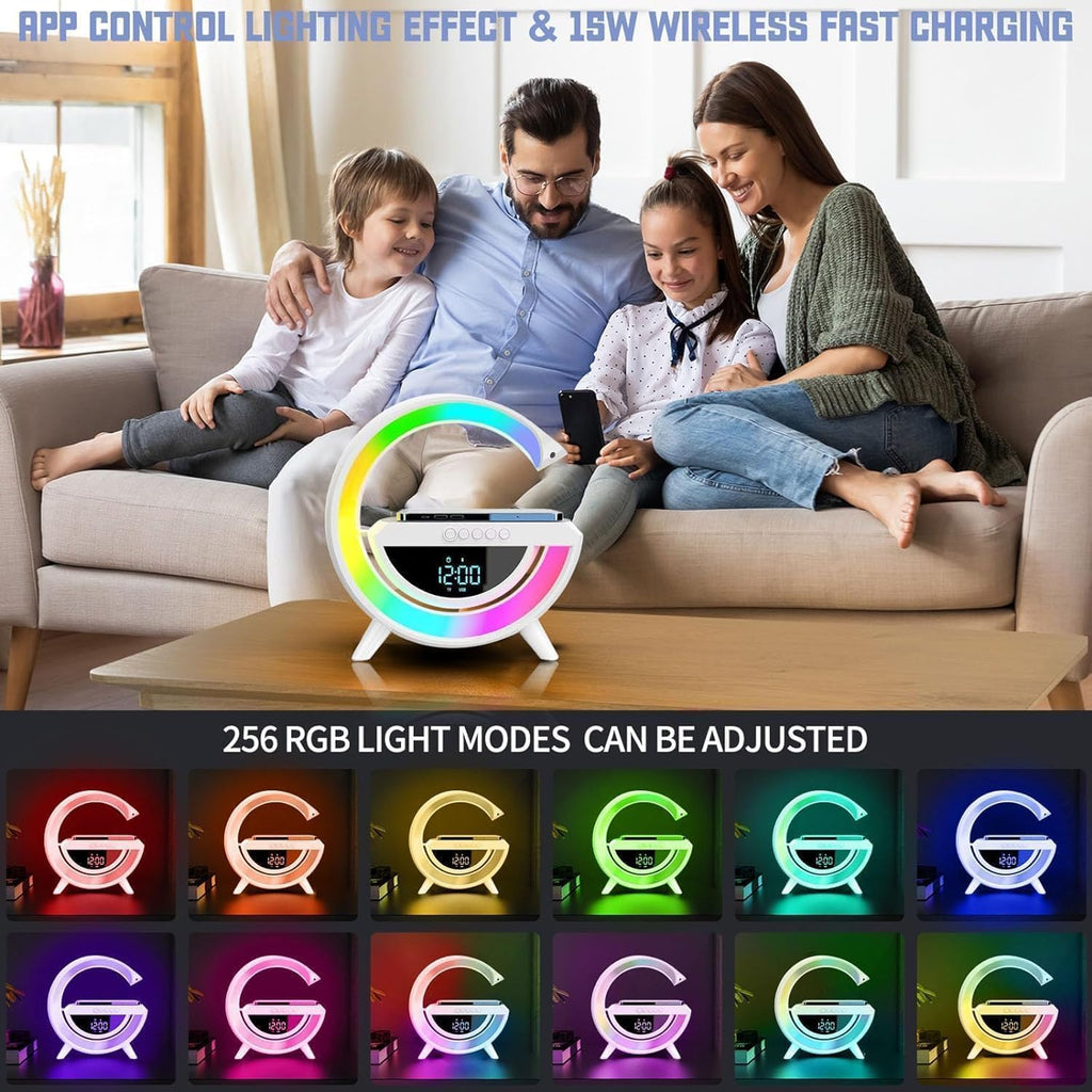 Atmosphere Lamp with 15W Wireless Charger Led Alarm Clock Dimmable Ambient Light Smart Table Lamp with Bluetooth Speaker Dazzling Running Lights 13 Modes Lights for Adults Kids Office Bedroom