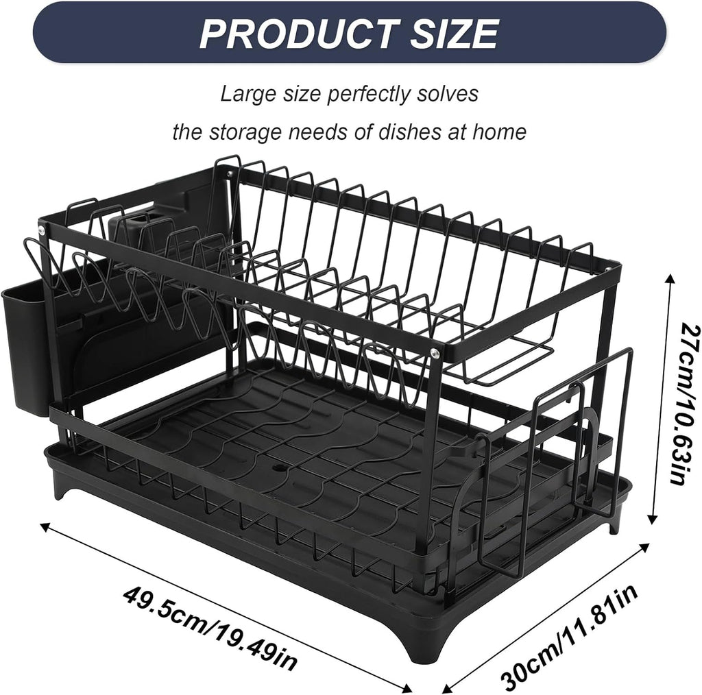 2 Tier Dish Drying Rack,Utensil Holder Kitchen Dish Organizer Shelf With Chopsticks And Chopping Board Holder,Over Sink Kitchen Counter Organizer For Plates Bowls And Cups Black
