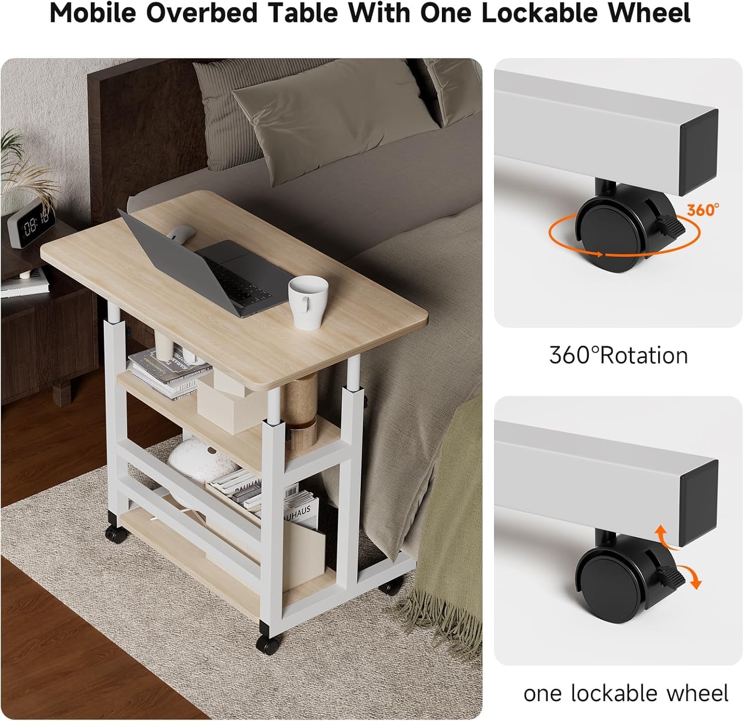 Height Adjustable Computer Desk Table Movable Office Desk with Wheels,Laptop Table Study Gaming Desktop Workstation 2 Shelves for Home Office Furniture