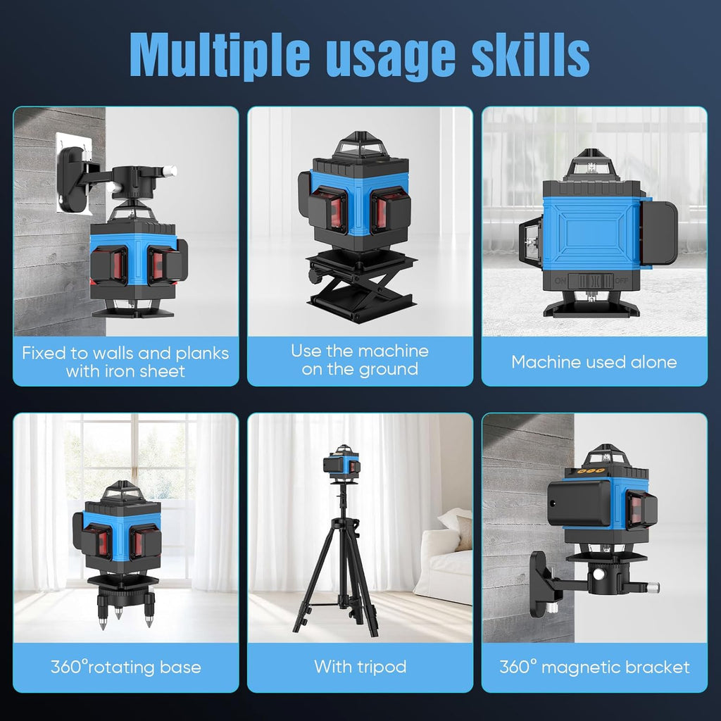 Laser Level with Tripod Self Leveling 4x360°, 4D 16 Lines Green Laser Level with 2 x 2400mAh Batteries, Adjustable Tripod, Swivel Base Remote Control Wall Bracket, IP54 Waterproof and Dustproof(Blue)