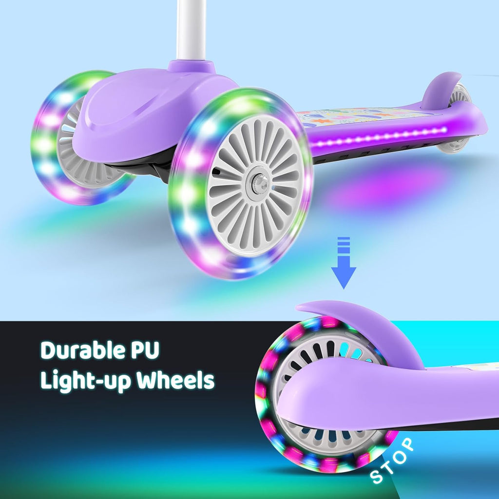 Kids Scooter for Ages 3-5, Toddler Scooter with Light-Up Deck and Wheels, Adjustable 4-Level Height 3-Wheel Scooters for Kids, Lean-to-Steer Design