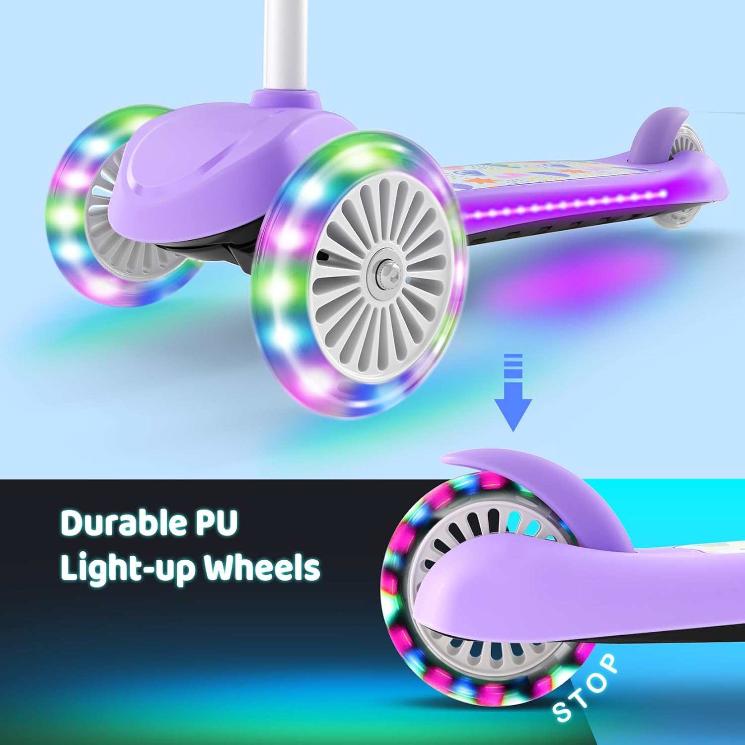 Kids Scooter for Ages 3-5, Toddler Scooter with Light-Up Deck and Wheels, Adjustable 4-Level Height 3-Wheel Scooters for Kids, Lean-to-Steer Design