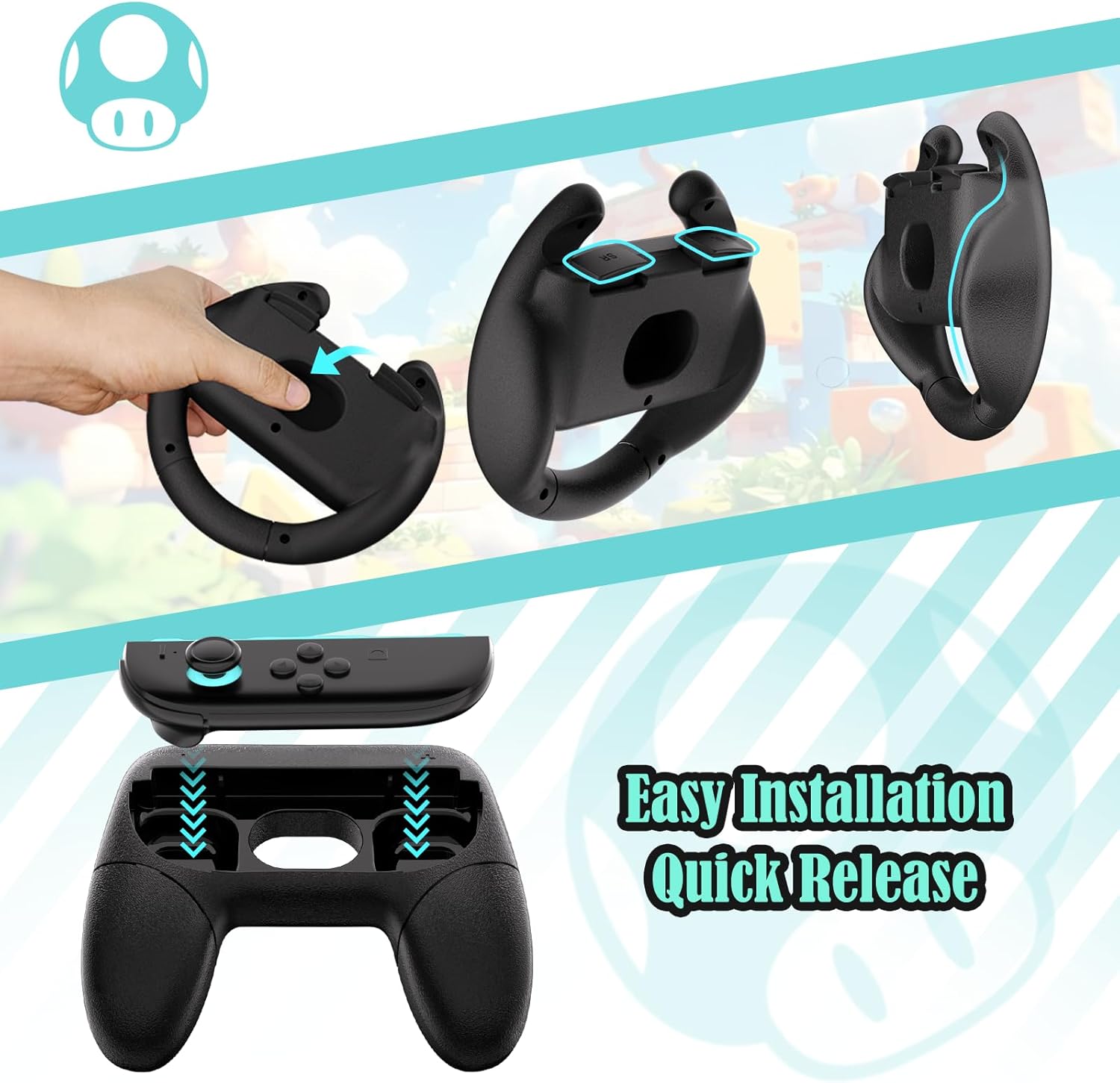 Steering Wheels for Nintendo Switch 2 Joy-Con Grip Racing Wheels for Mario Kart 8 Deluxe 4 in 1 Mario Kart Game Switch 2 Steering Wheel Grip Cover Joy-Con Controller Accessories