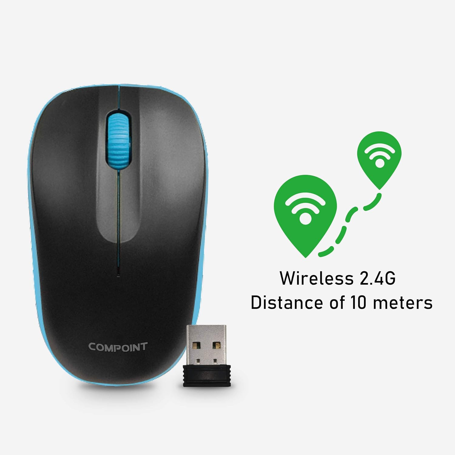 Wireless Mouse with Mini USB Receiver - Optical Cordless Mouse for Laptop, Computer, Macbook, Gaming, Working - 2.4Ghz Small Silent Black/Blue Portable Mouse Up To 10m with USB Adaptor