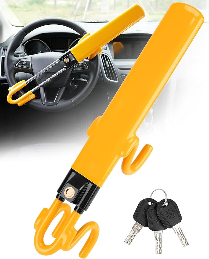 Steering Wheel Lock Twin Bar, Steering Lock, Car Anti-Theft Device, High Visibility, Heavy Duty, Universal Fit, Adjustable Length, Keys(Yellow)