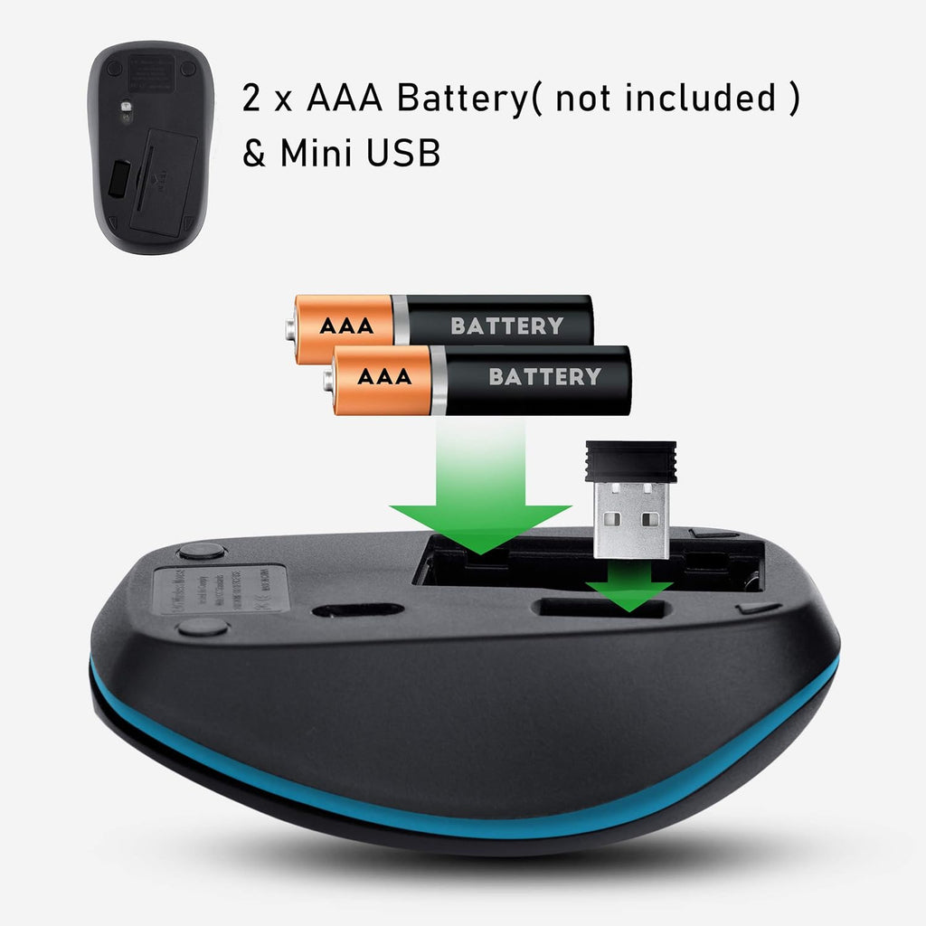 Wireless Mouse with Mini USB Receiver - Optical Cordless Mouse for Laptop, Computer, Macbook, Gaming, Working - 2.4Ghz Small Silent Black/Blue Portable Mouse Up To 10m with USB Adaptor
