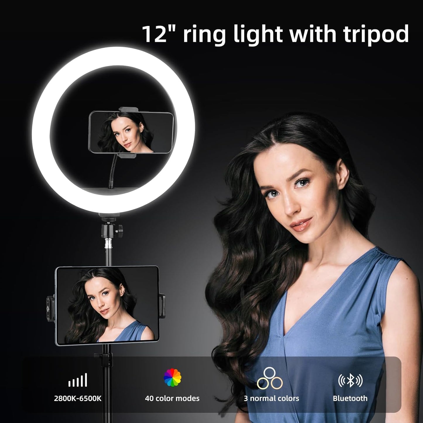 12 inch LED Ring Light with Tripod Stand & Phone Holder Tall 70'', Ringlight with Remote, Dimmable White/RGB Mode, Selfie Circle light for Phone Camera Filming Makeup Streaming