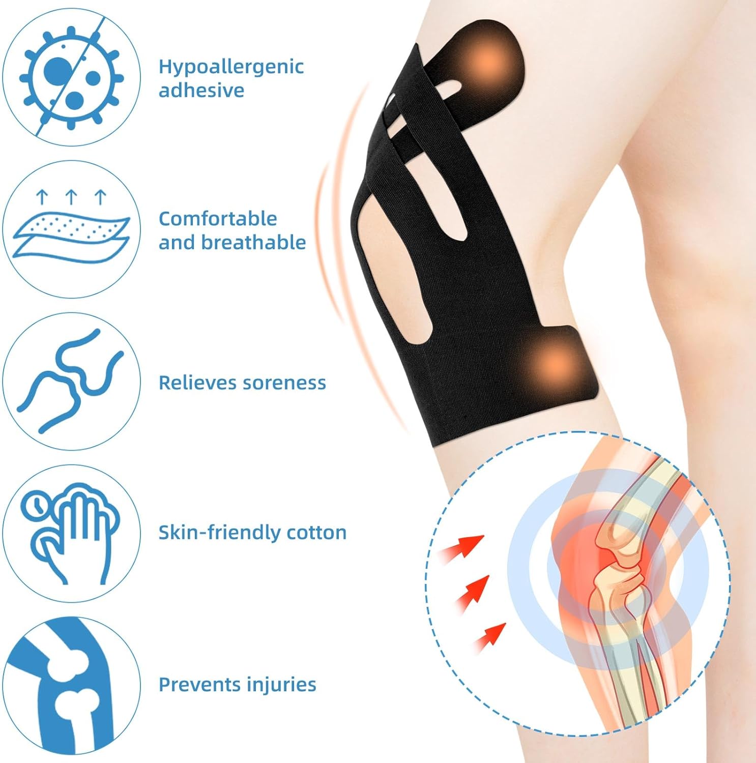 12pcs Precut Kinesiology Tape for Knees, Breathable Elastic Kinesiology Athletic Muscle Tape Strips Flexible, Waterproof Sport Knee Patch Stickers for Knee Support & Stability (Black)